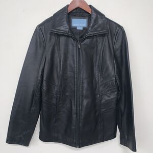 NINE WEST Black Leather Full Zip Moto Jacket Medium Vintage 90s Y2K Cyber Biker